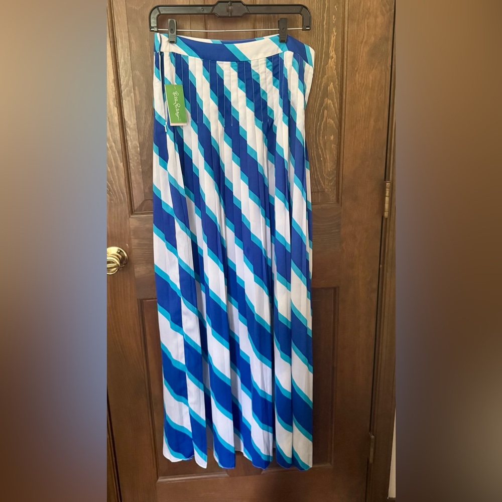 Lilly Pulitzer Blue and White Asymmetrical Pleated Maxi Skirt